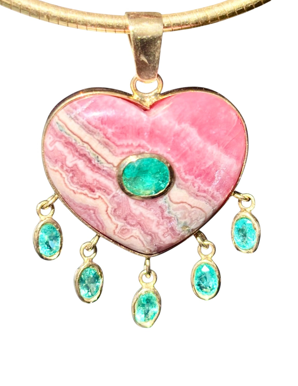Rhodochrosite Large Heart Pendant with Emeralds