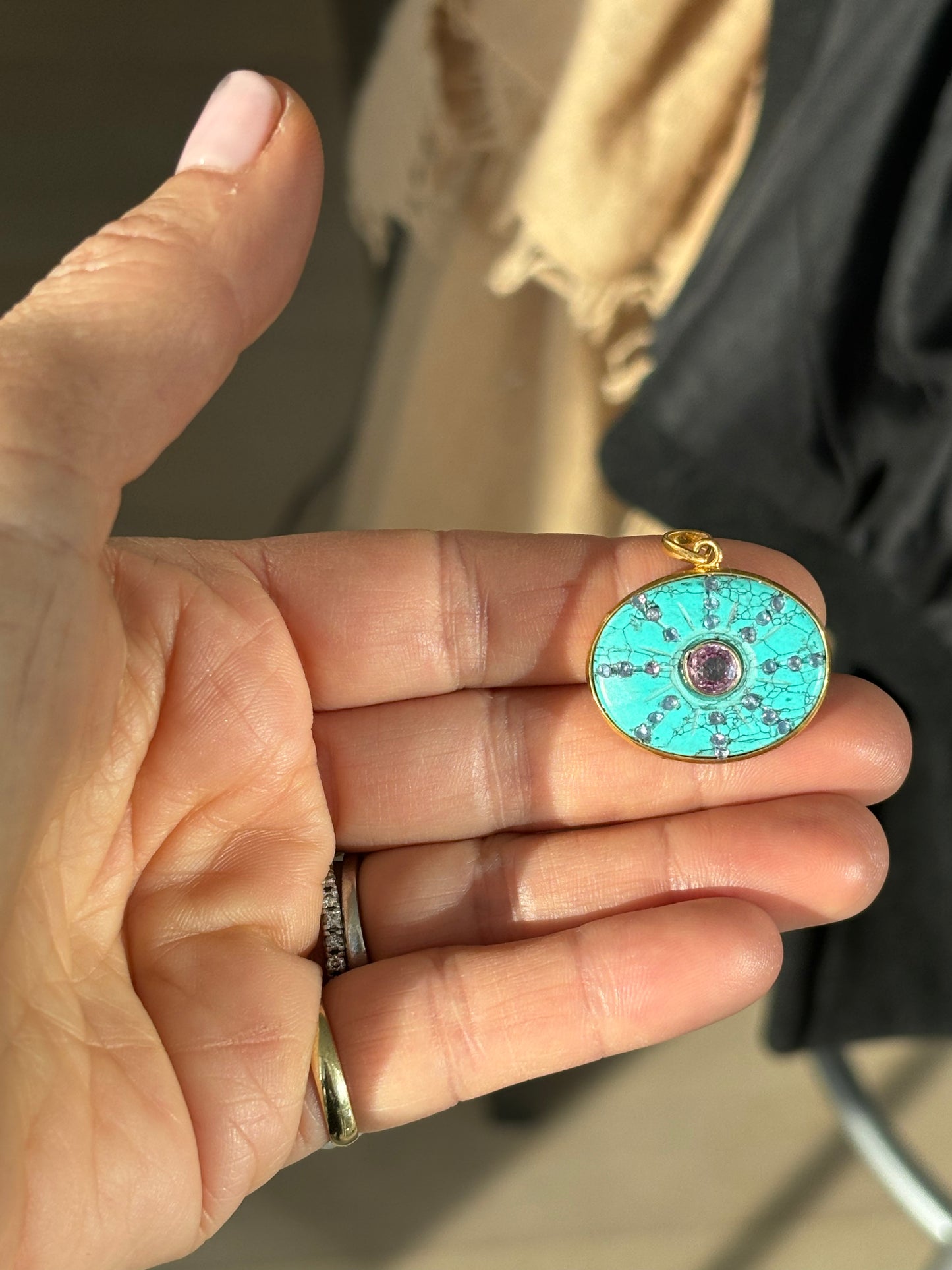 S O L gold pendant, turquoise & pink sapphires