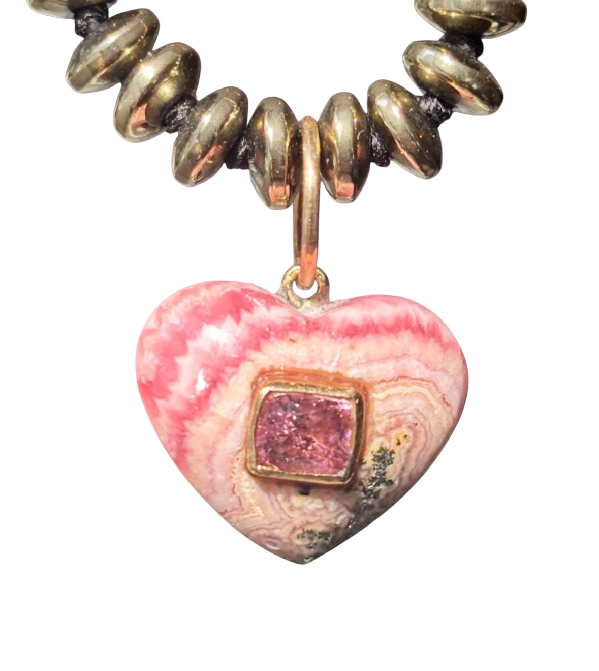 Rhodochrosite Heart Charm with Pink Spinel on a Pyrite Necklce