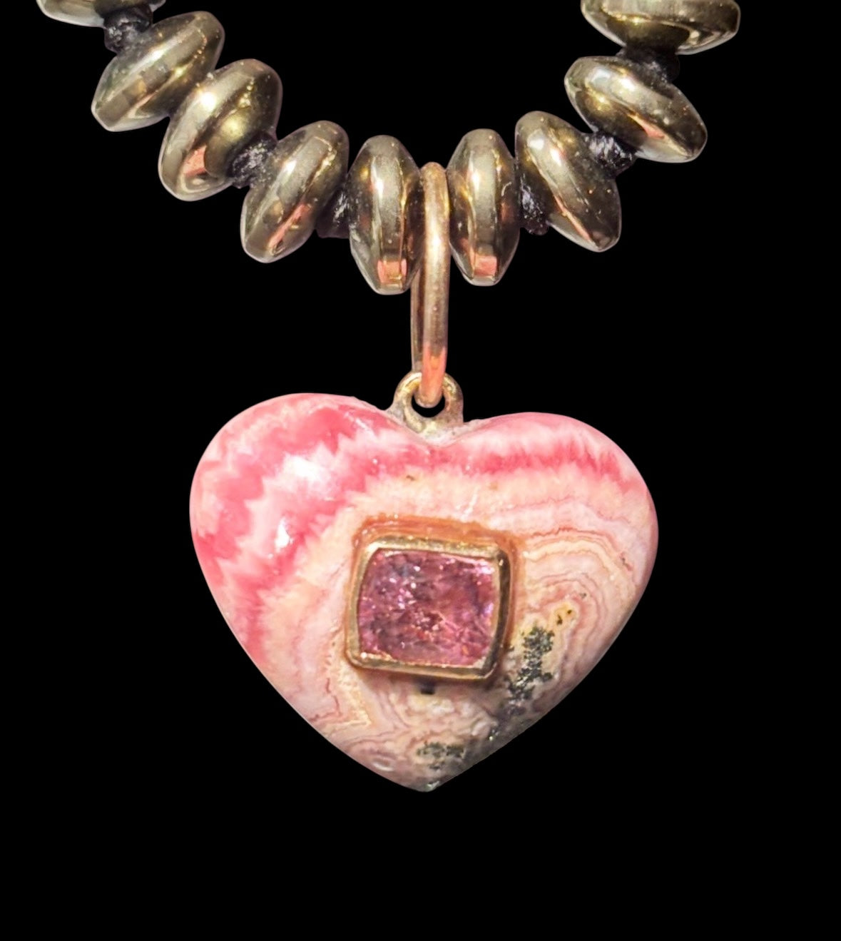 Rhodochrosite Heart Charm with Pink Spinel on a Pyrite Necklce