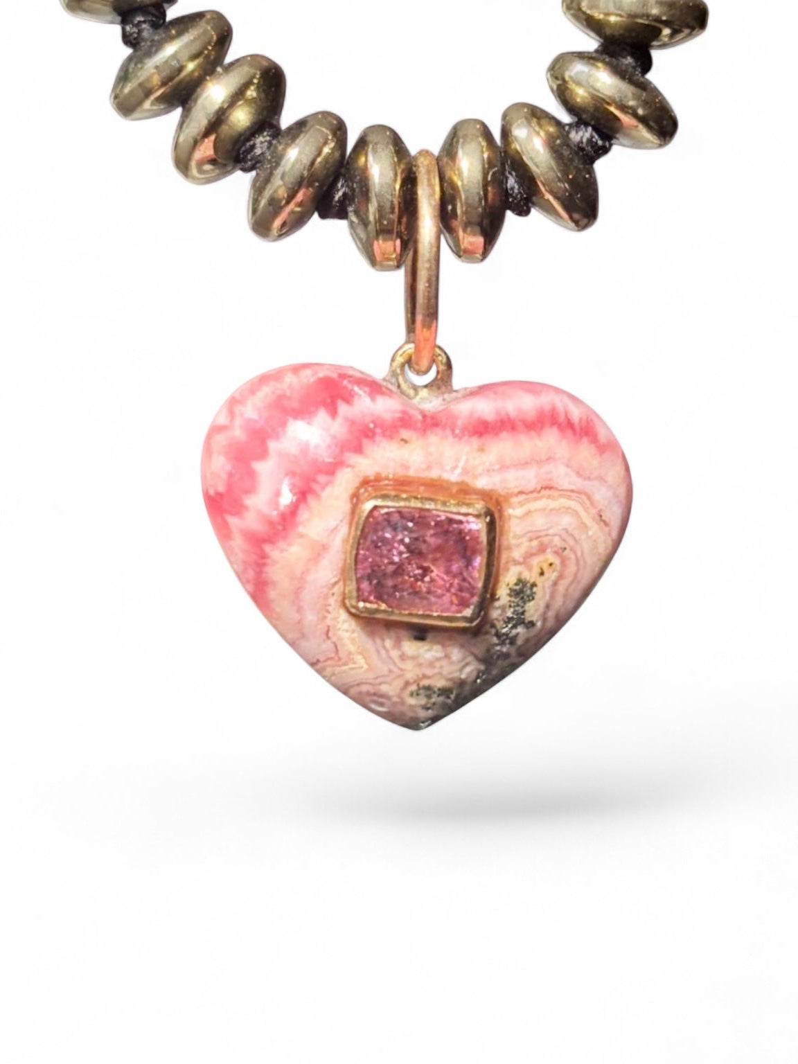 Rhodochrosite Heart Charm with Pink Spinel on a Pyrite Necklce