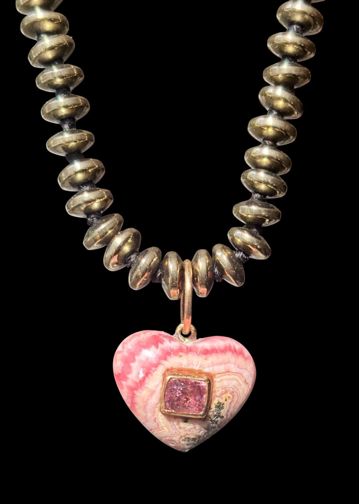 Rhodochrosite Heart Charm with Pink Spinel on a Pyrite Necklce