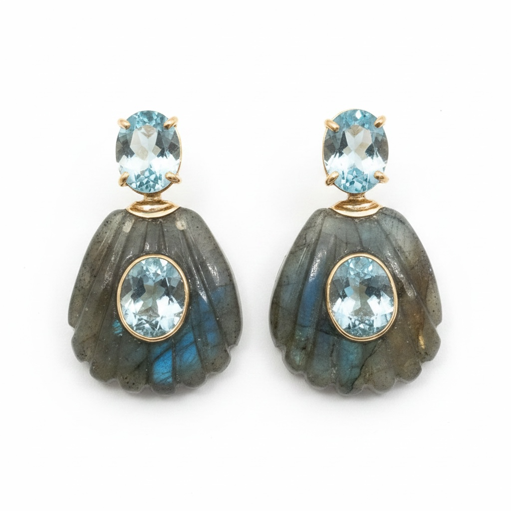 Labradorite Shell Earrings with Sky Blue Topaz