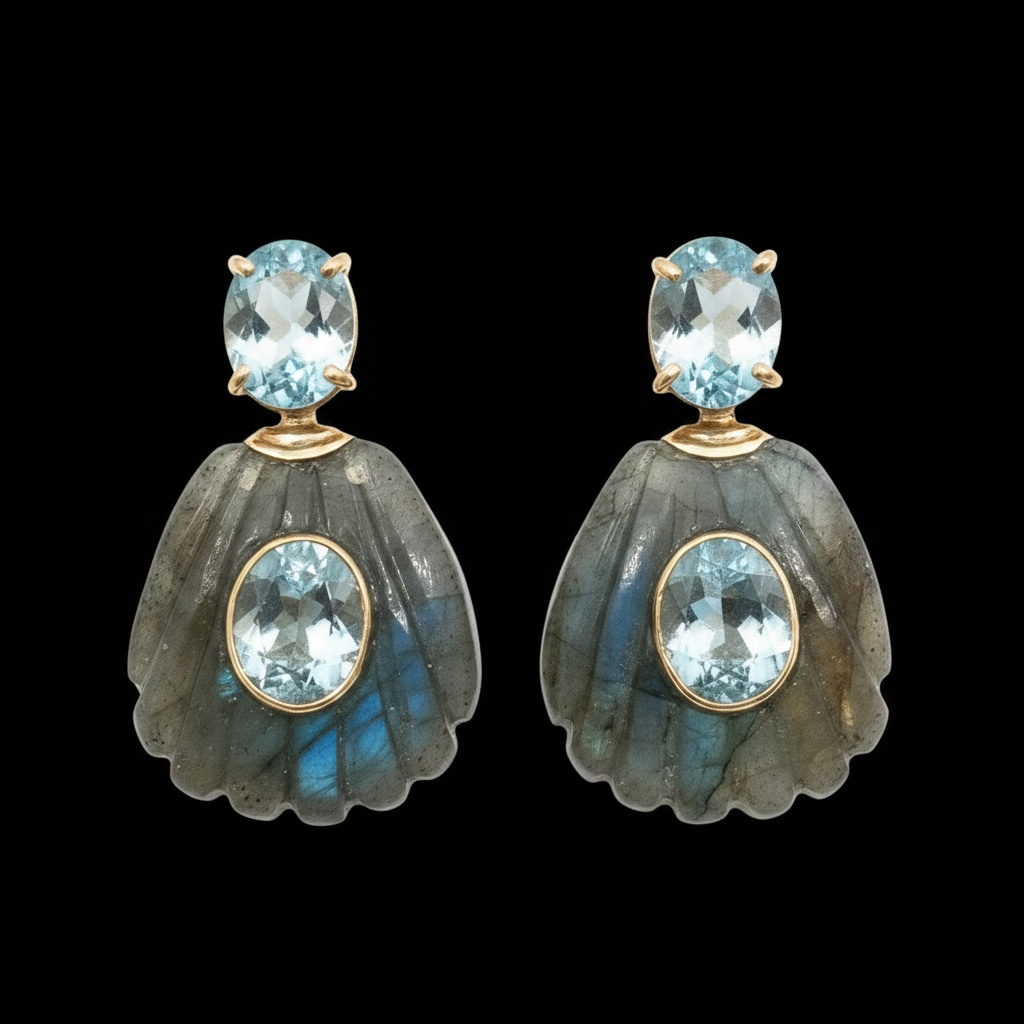 Labradorite Shell Earrings with Sky Blue Topaz