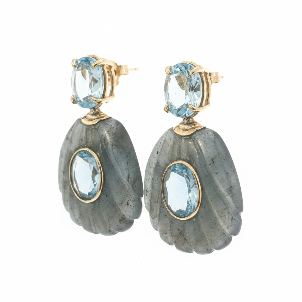 Labradorite Shell Earrings with Sky Blue Topaz