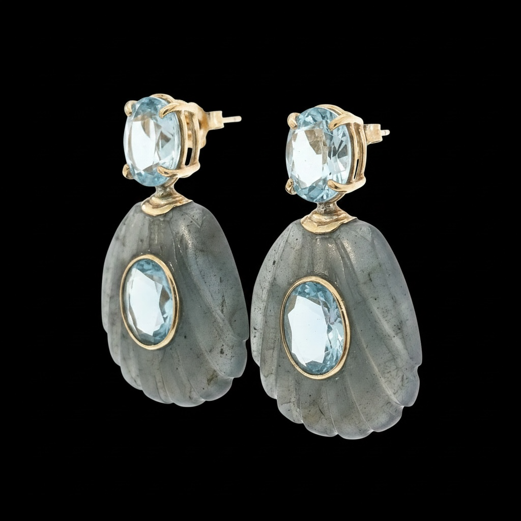 Labradorite Shell Earrings with Sky Blue Topaz