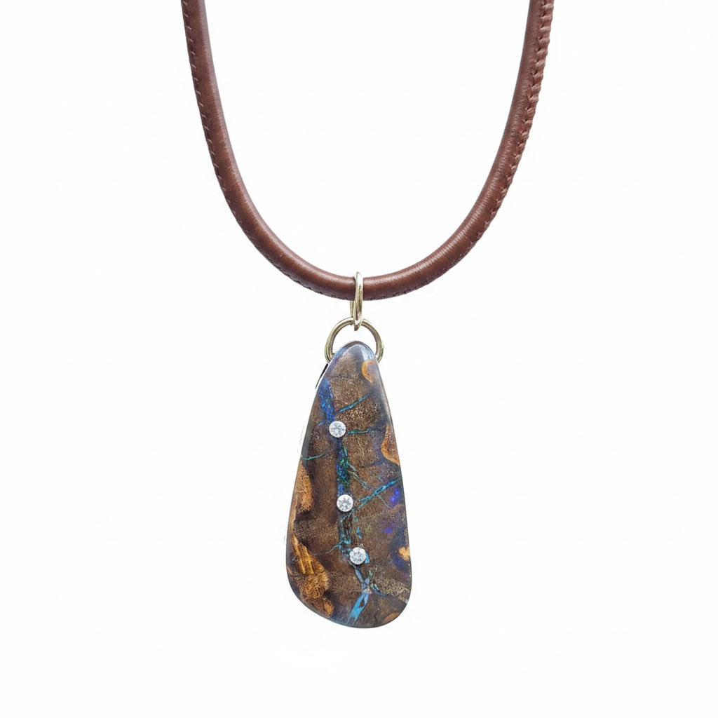 Australian Boulder Opal Pendant with Diamonds & 14k Gold