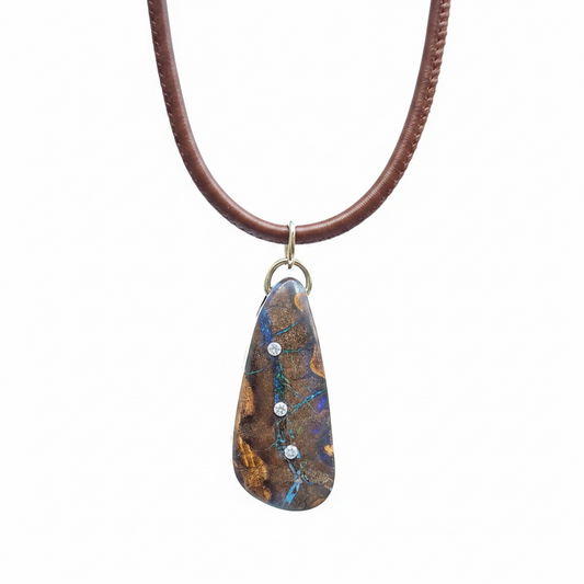 Australian Boulder Opal Pendant with Diamonds & 14k Gold
