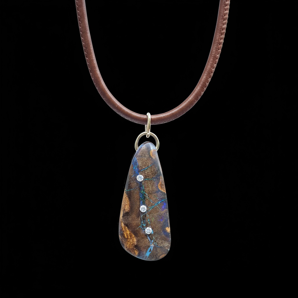 Australian Boulder Opal Pendant with Diamonds & 14k Gold