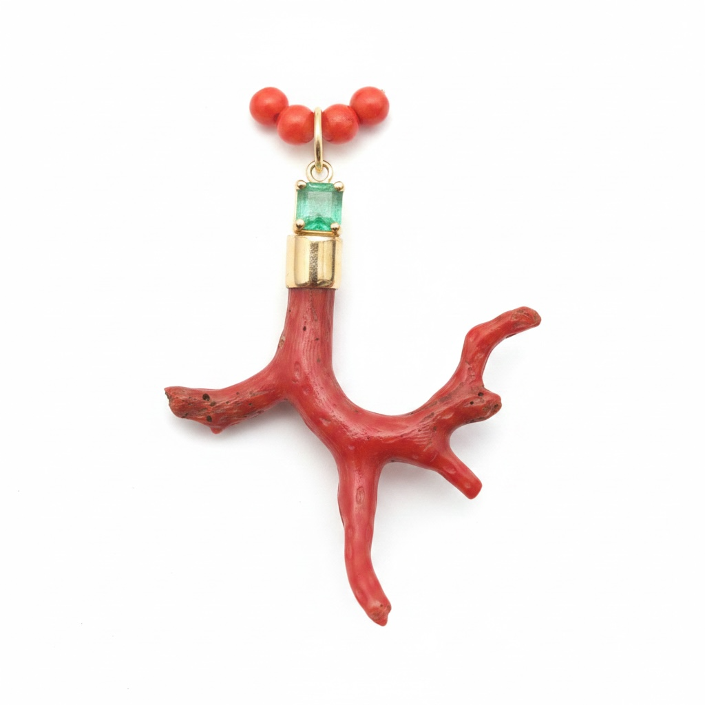 Coral Pendant with Emerald & 14k Gold