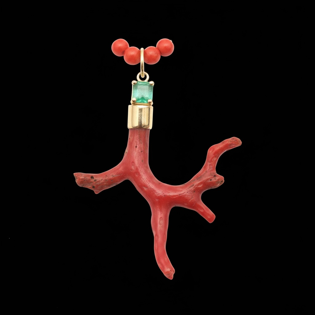 Coral Pendant with Emerald & 14k Gold