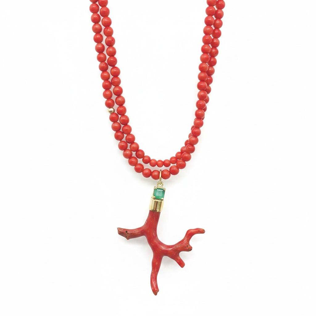 Coral Pendant with Emerald & 14k Gold