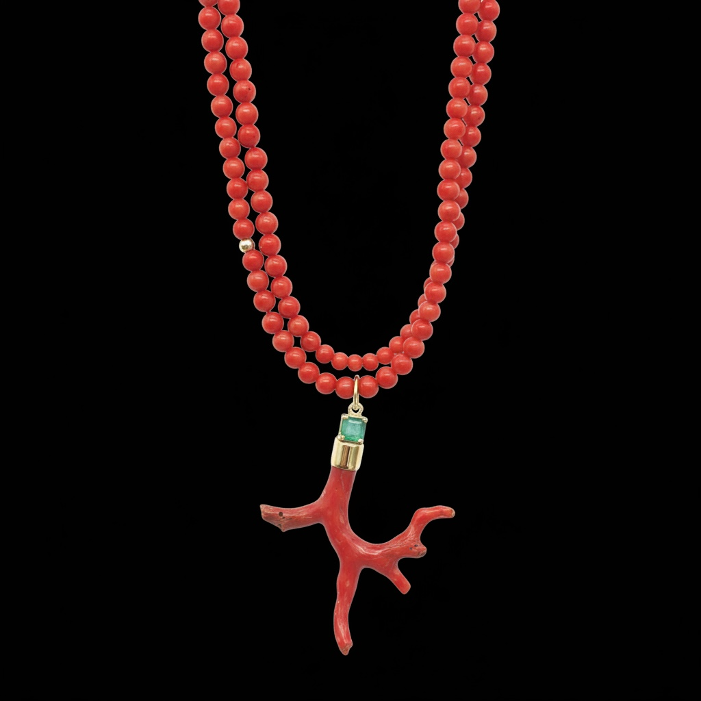 Coral Pendant with Emerald & 14k Gold