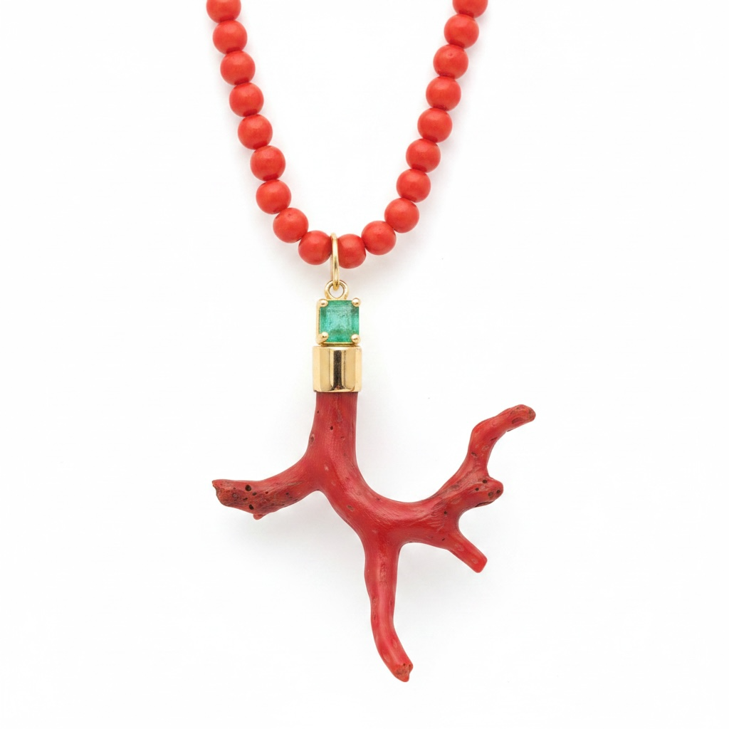 Coral Pendant with Emerald & 14k Gold