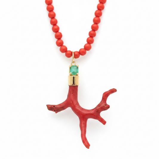 Coral Pendant with Emerald & 14k Gold