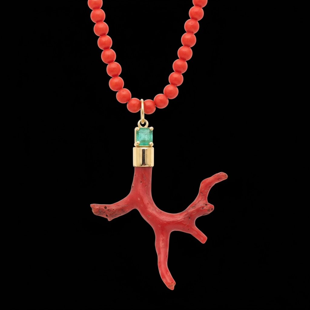 Coral Pendant with Emerald & 14k Gold