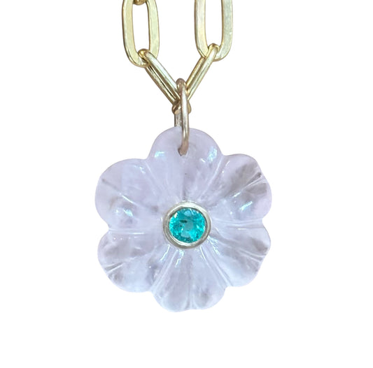 FLORA Pendant, Rose Quartz with Emerald