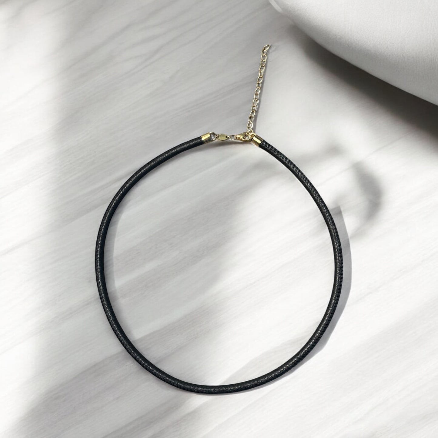 Black Leather and 14k Gold Cord Necklace