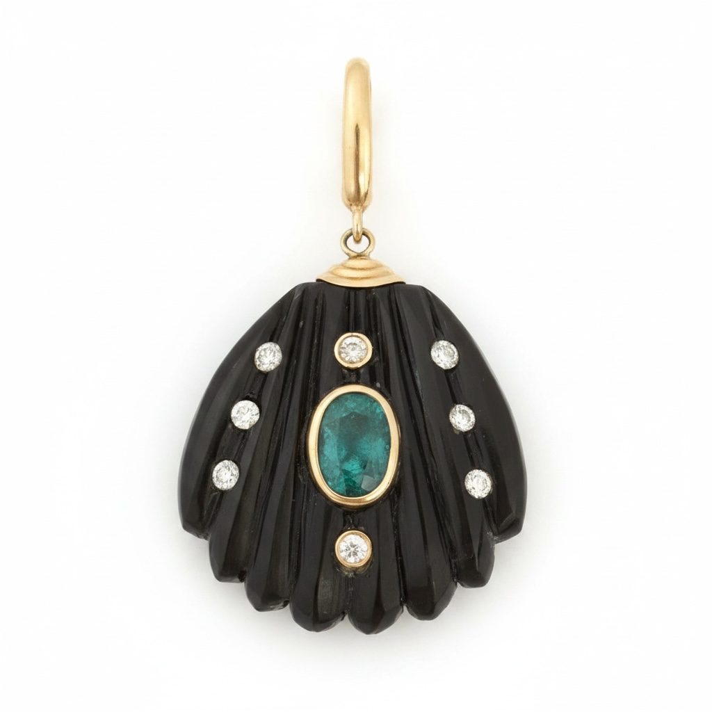 Black Onyx Shell Pendant with Emerald, Diamonds & 14k Gold