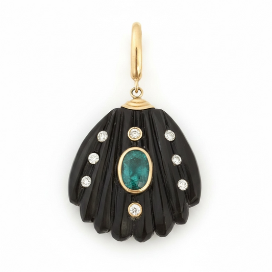 Black Onyx Shell Pendant with Emerald, Diamonds & 14k Gold