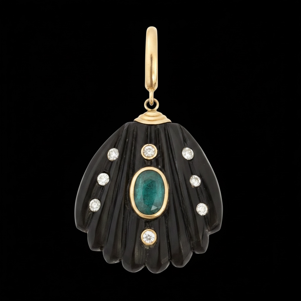 Black Onyx Shell Pendant with Emerald, Diamonds & 14k Gold