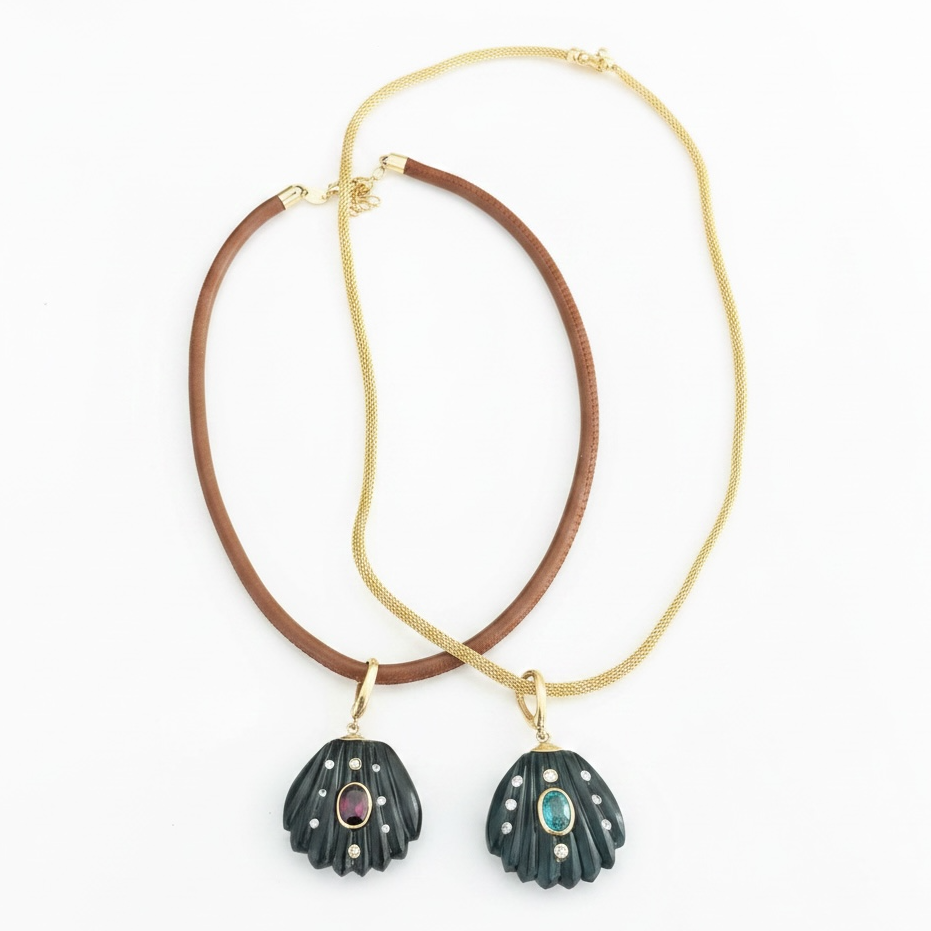 Black Onyx Shell Pendant with Emerald, Diamonds & 14k Gold