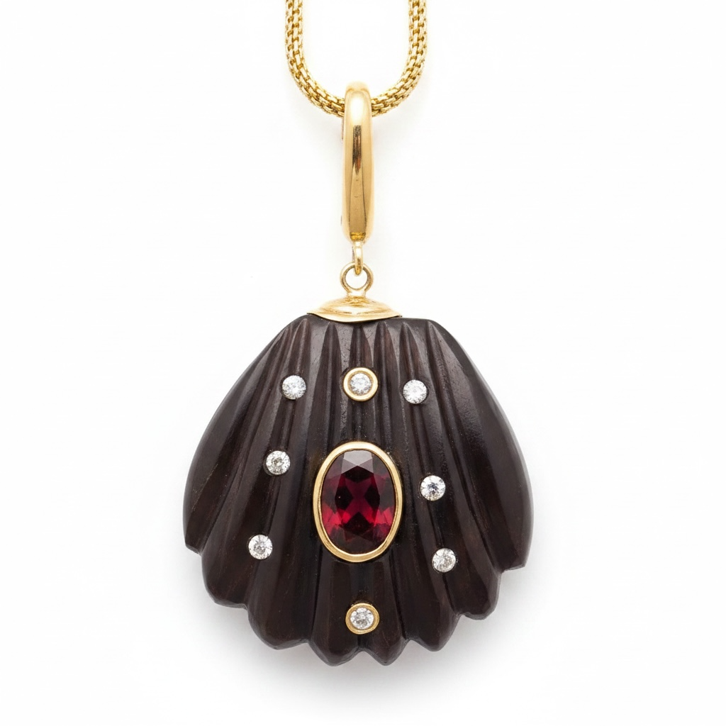 Black Onyx Shell Pendant with Brown Tourmaline, Diamonds & 14k Gold