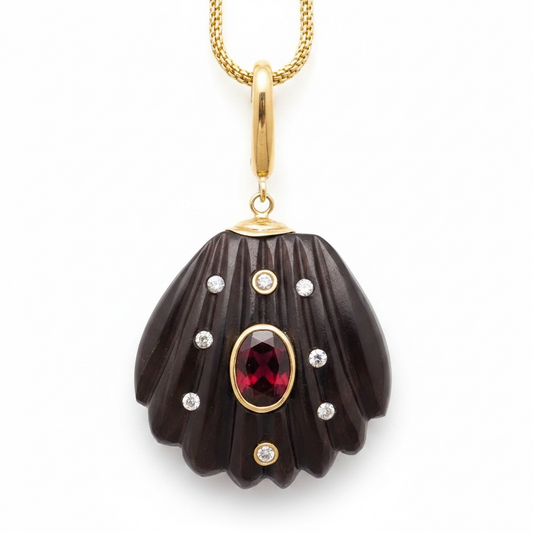Black Onyx Shell Pendant with Brown Tourmaline, Diamonds & 14k Gold