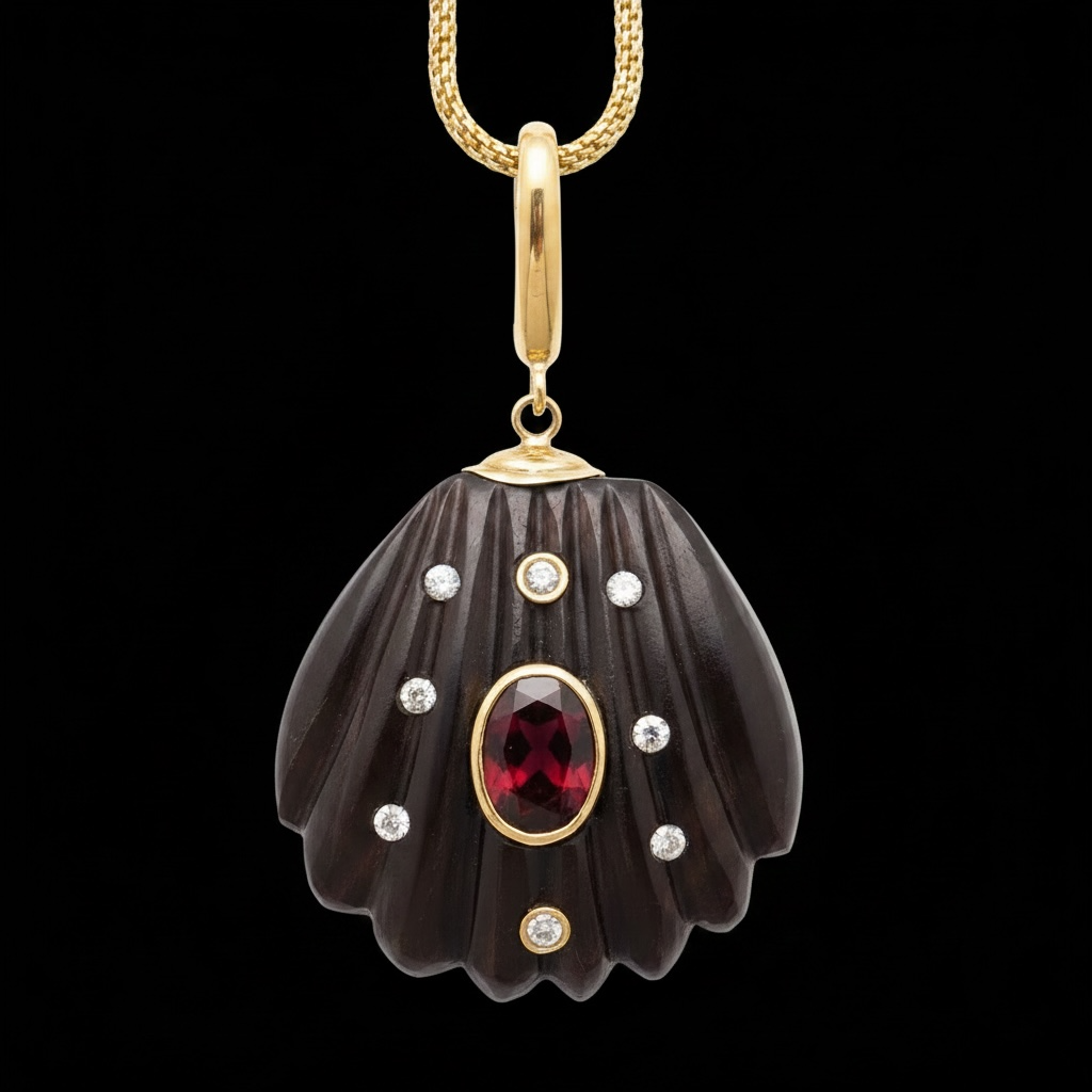 Black Onyx Shell Pendant with Brown Tourmaline, Diamonds & 14k Gold