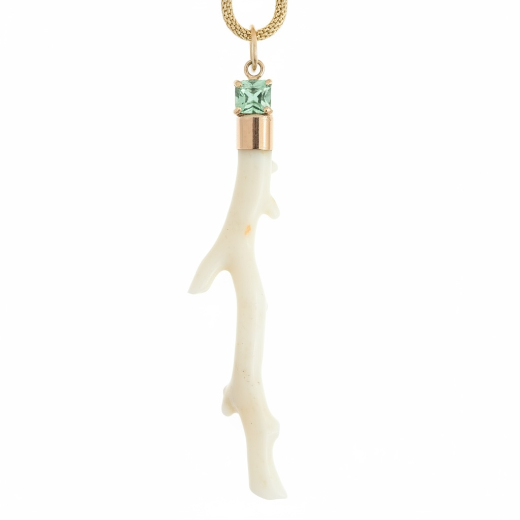 Japanese White Coral Pendant with Blue Tourmaline & 14k Gold
