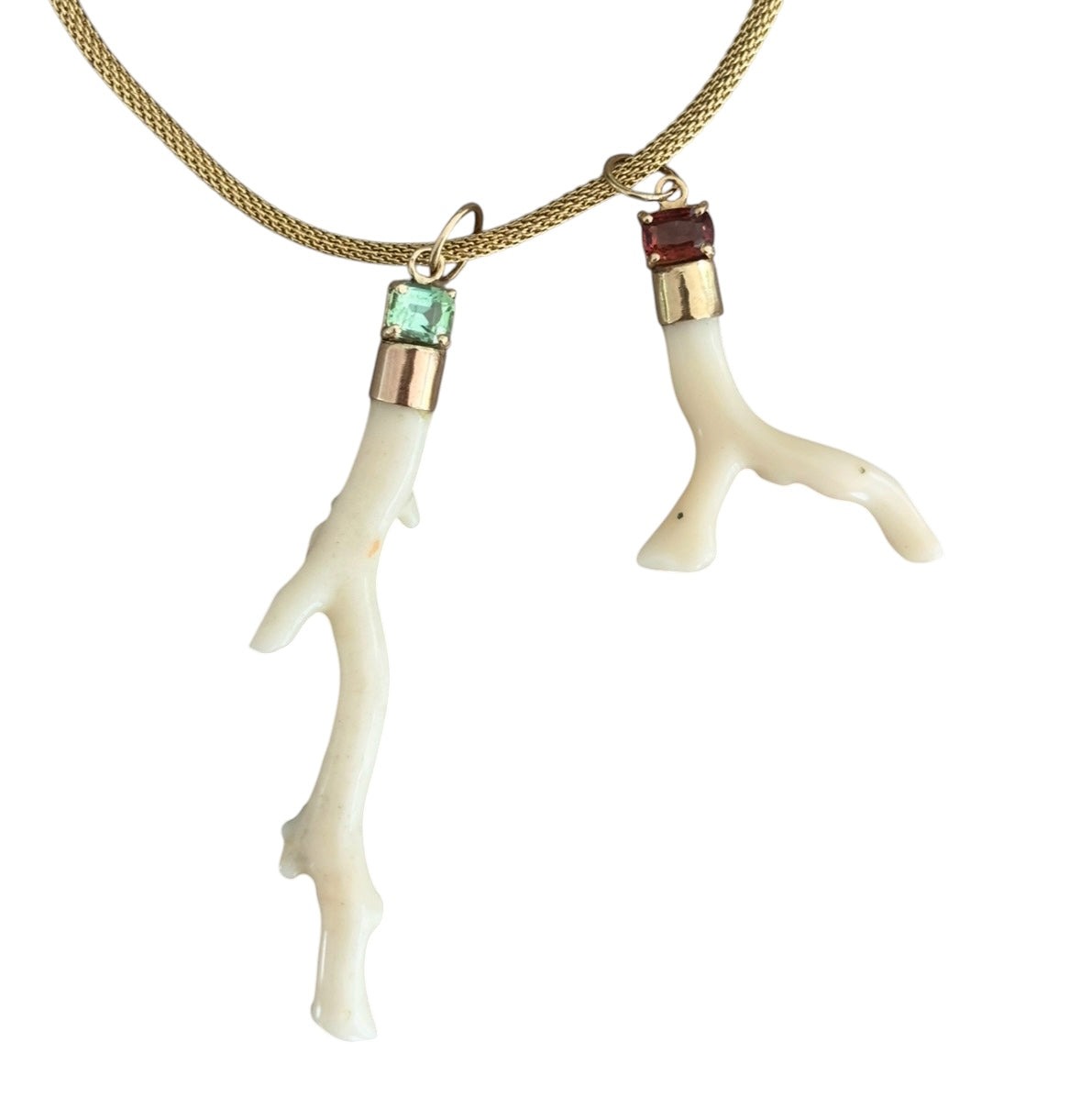 Japanese White Coral Pendant with Blue Tourmaline & 14k Gold