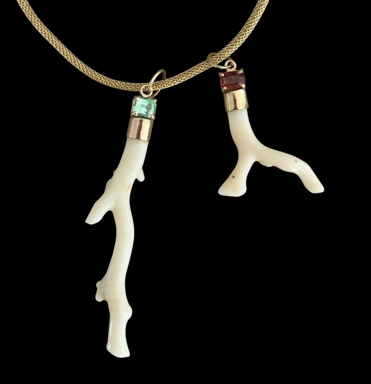 Japanese White Coral Pendant with Blue Tourmaline & 14k Gold