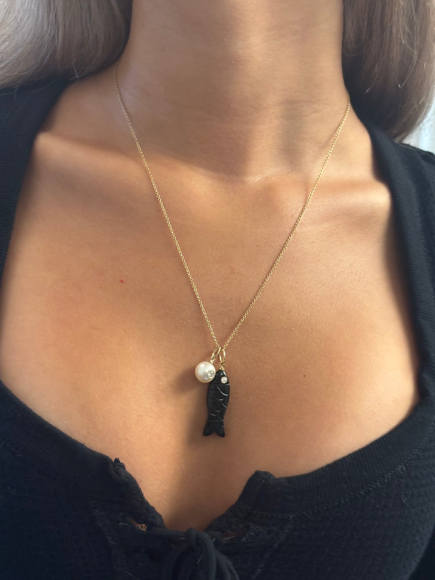 Triple Gem Fish Pendant, Black Onyx with Diamond & Emerald Eyes