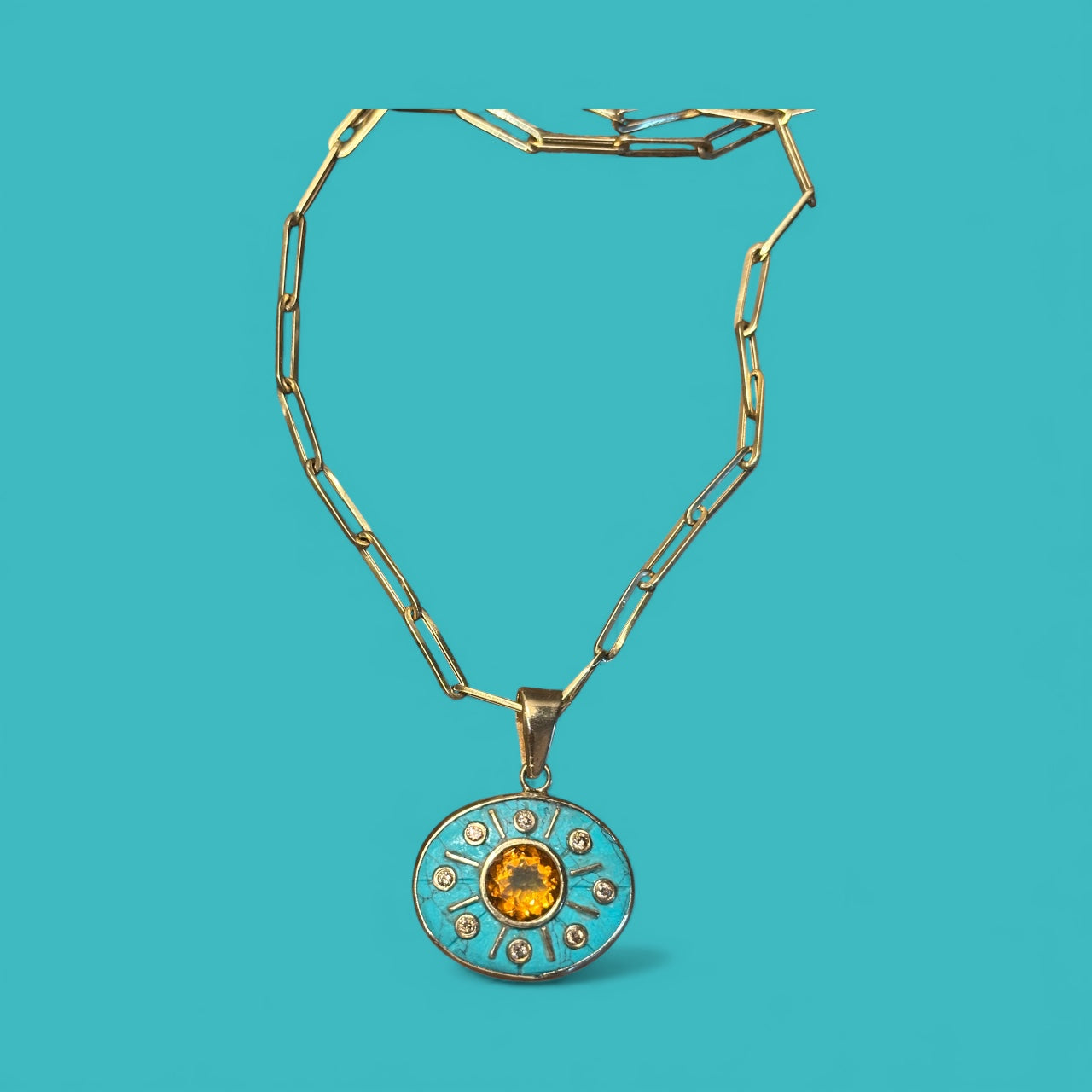 SOL Pendant, Turquoise with Citrine & Champagne Diamonds
