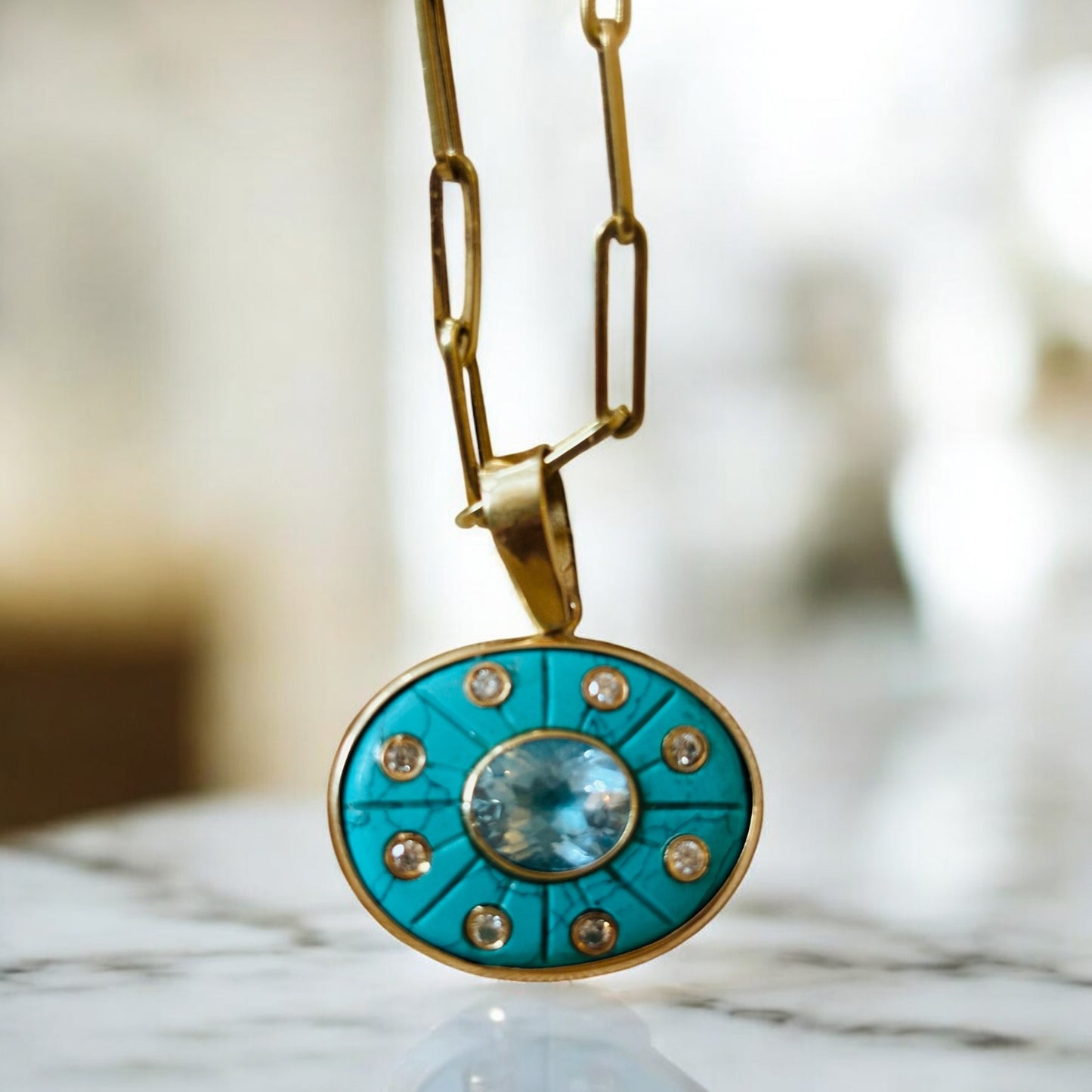 SOL Pendant, Turquoise, Sky Blue Topaz & Diamonds