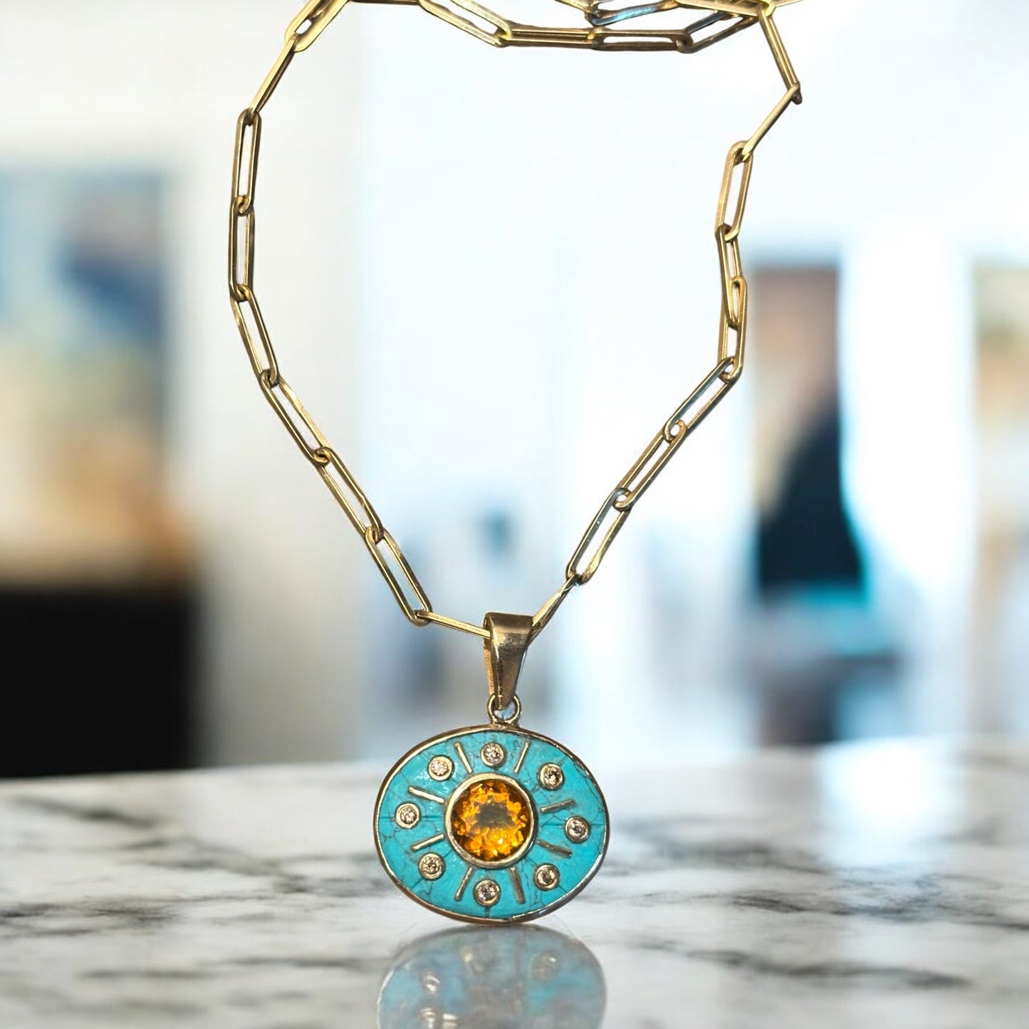 SOL Pendant, Turquoise with Citrine & Champagne Diamonds