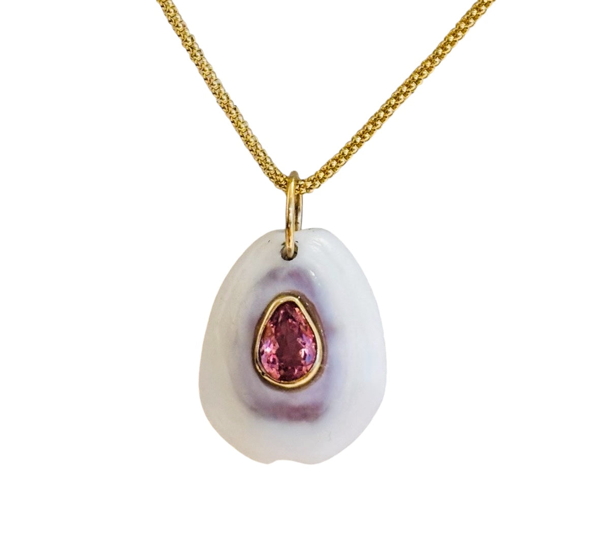 White/Purple Shell Pendant with Pink Tourmaline