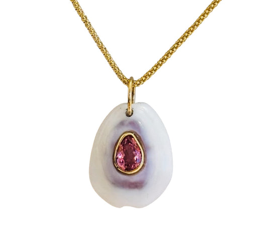 White/Purple Shell Pendant with Pink Tourmaline