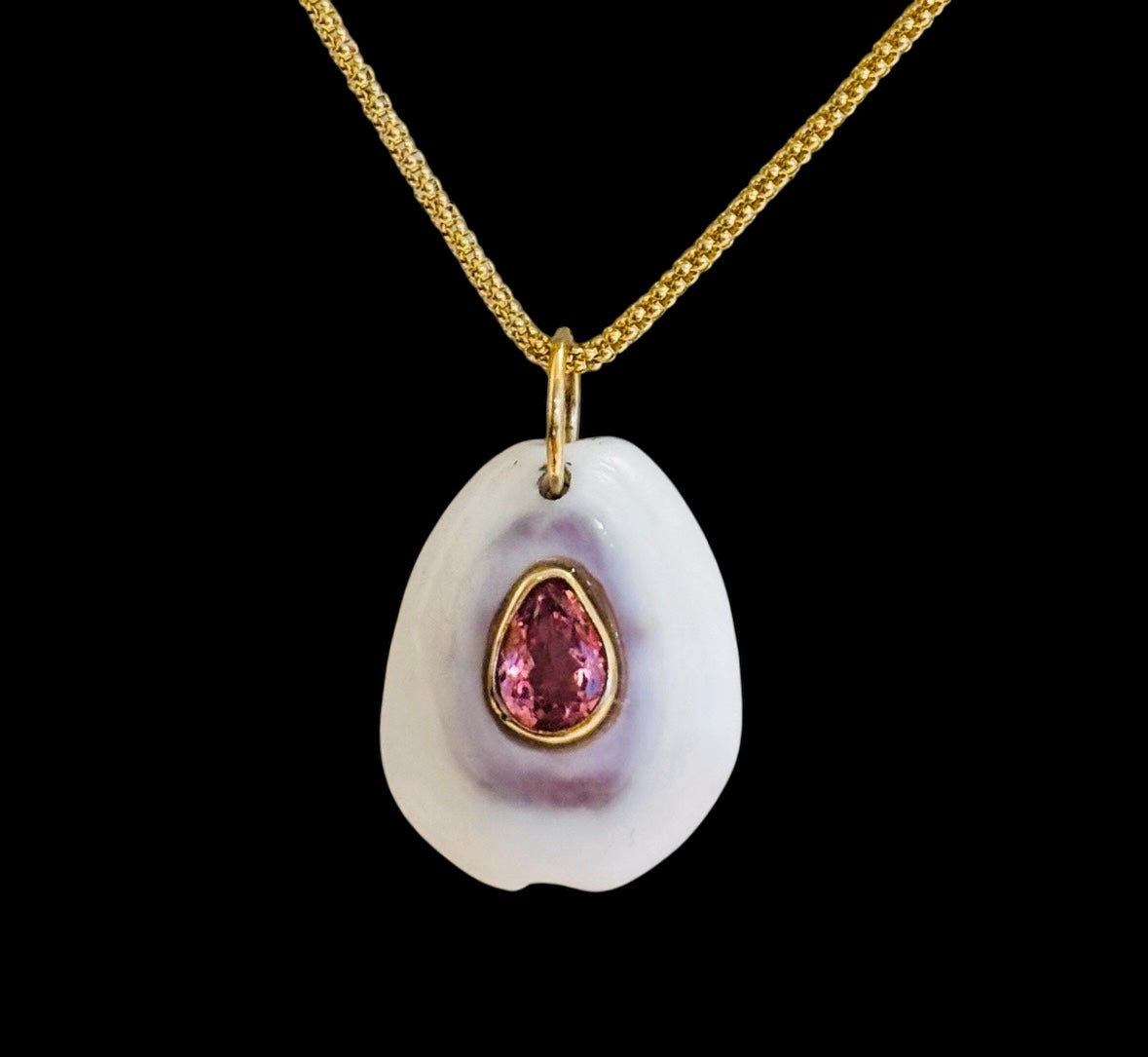 White/Purple Shell Pendant with Pink Tourmaline