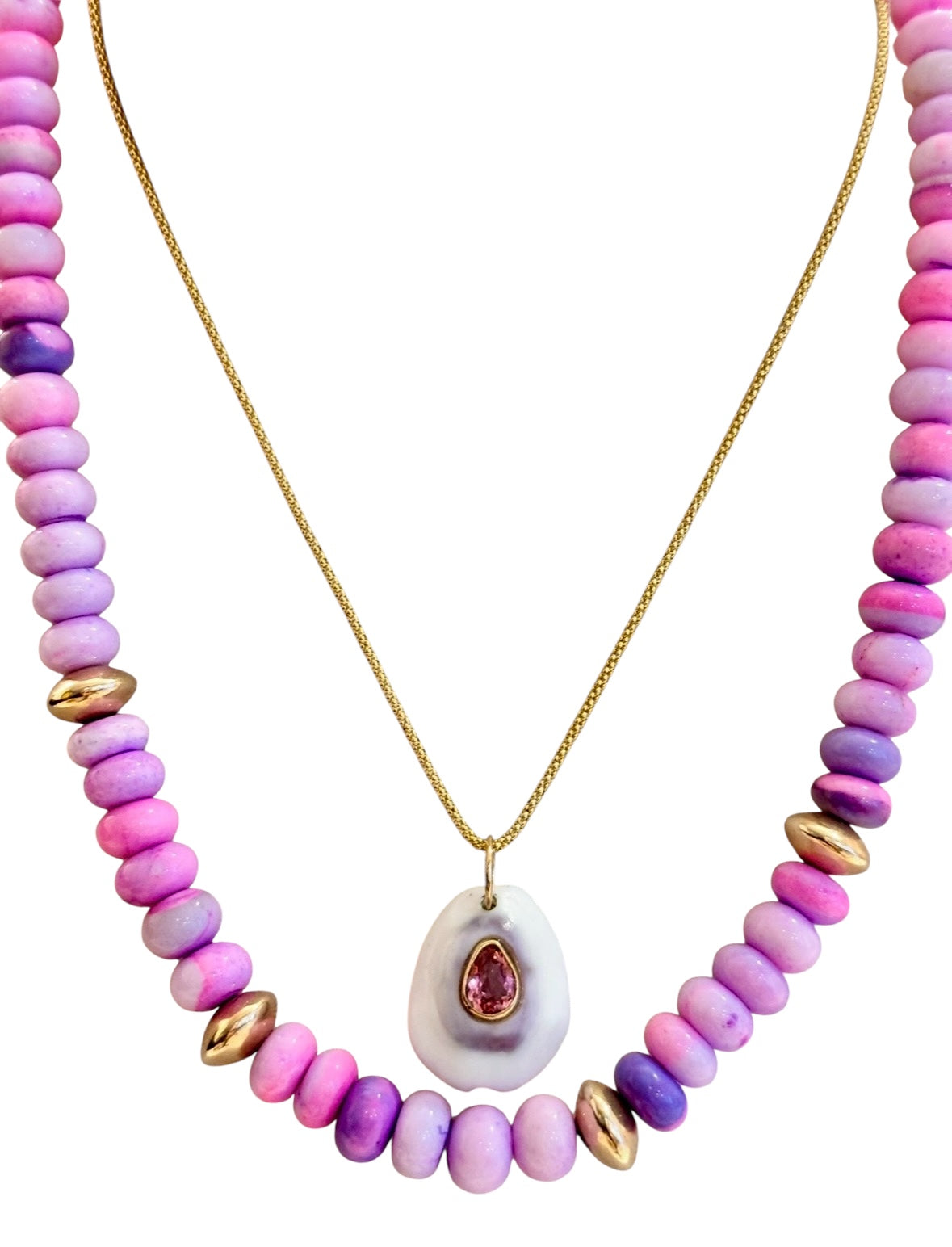 White/Purple Shell Pendant with Pink Tourmaline
