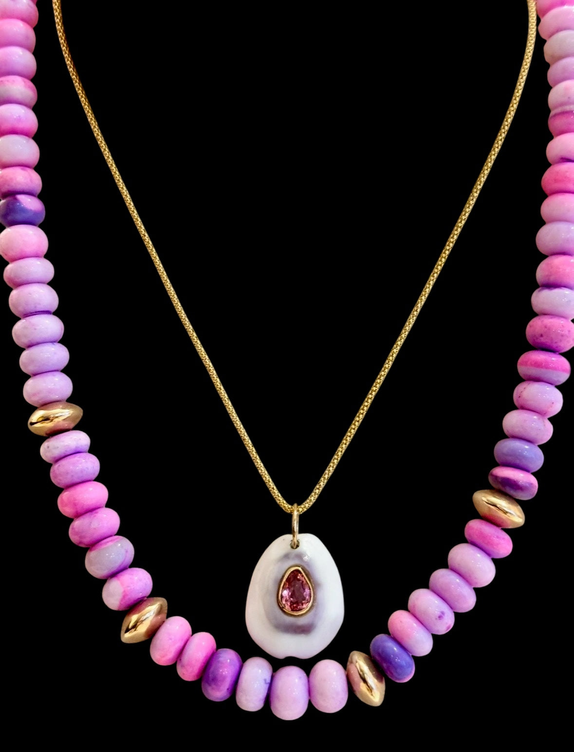 White/Purple Shell Pendant with Pink Tourmaline