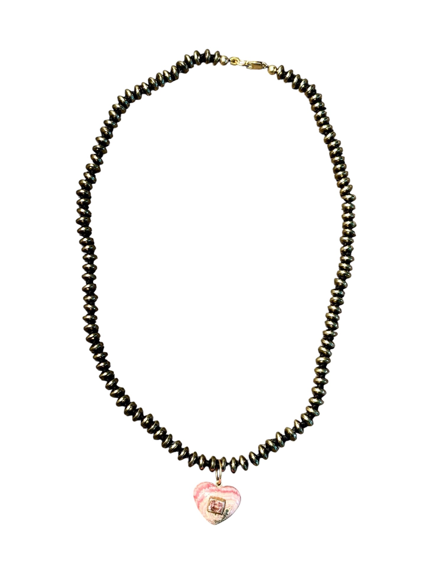Rhodochrosite Heart Charm with Pink Spinel on a Pyrite Necklce