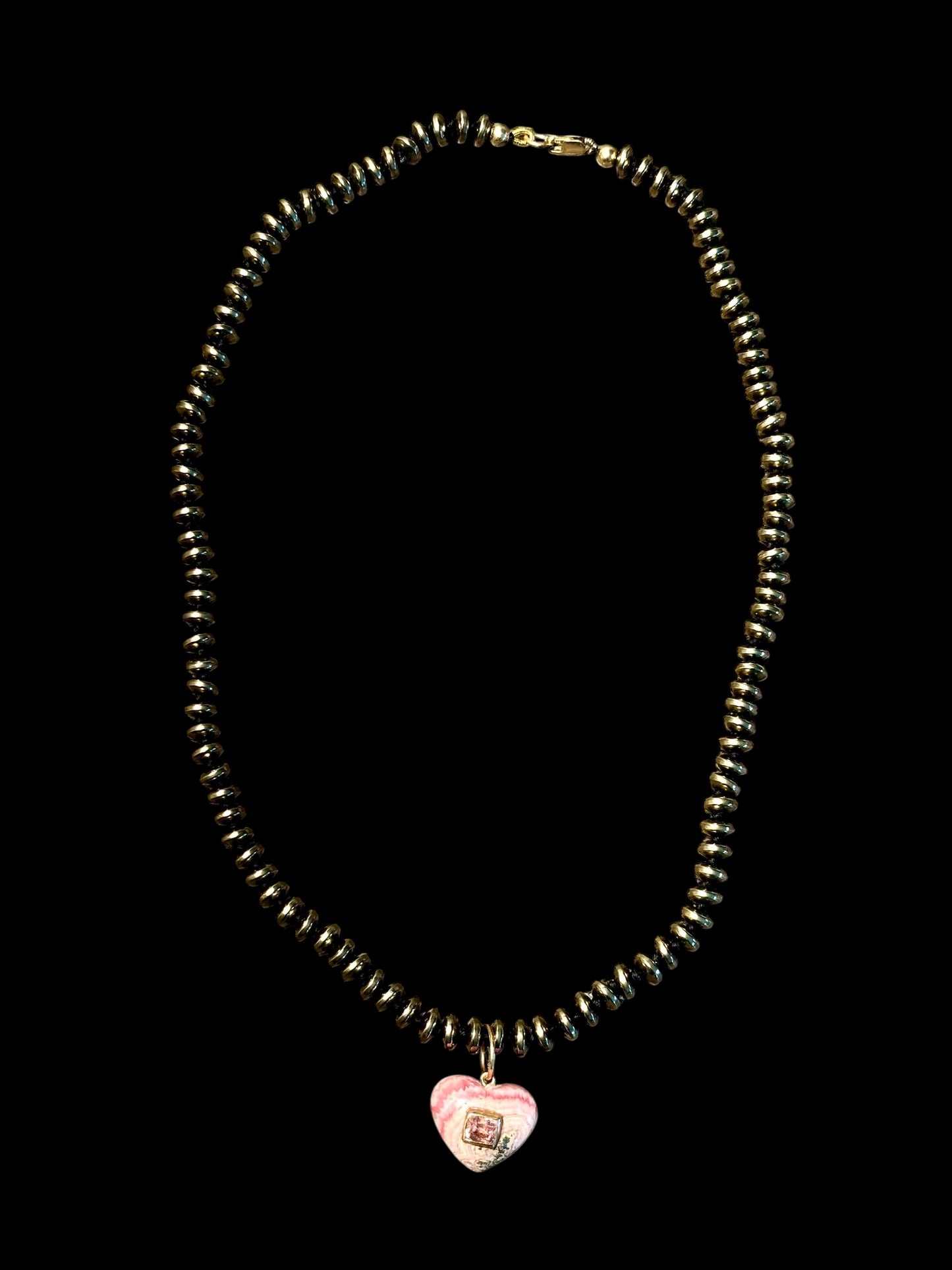 Rhodochrosite Heart Charm with Pink Spinel on a Pyrite Necklce