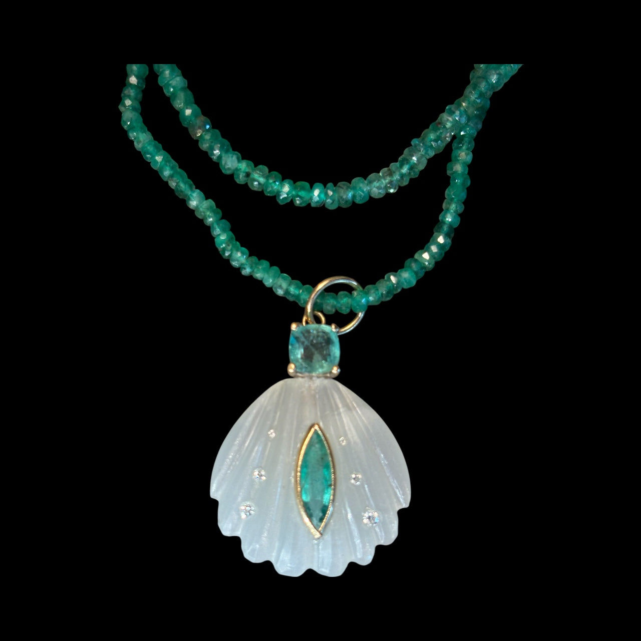 Sea Shell Pendant, Moonstone, Emeralds & Diamonds