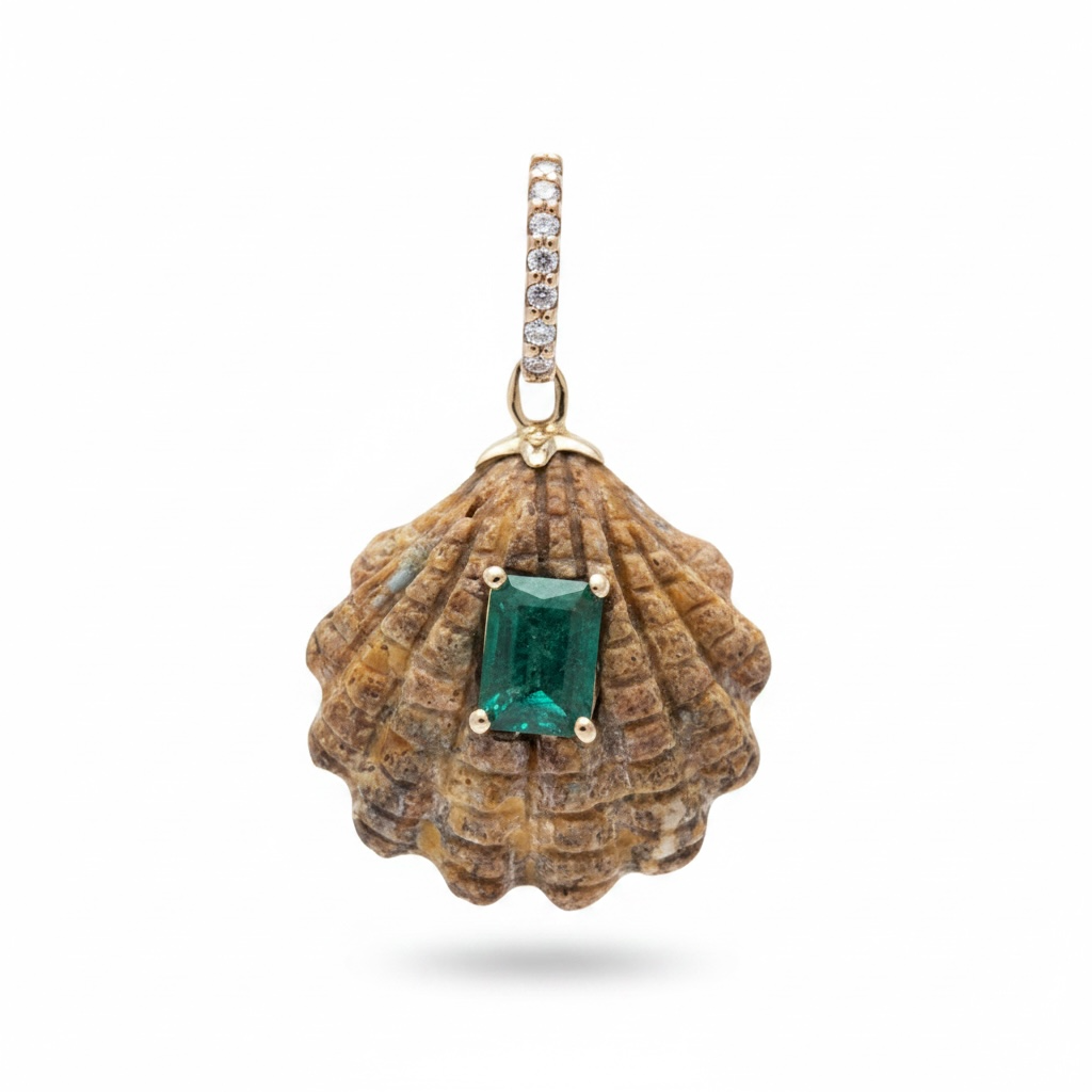 Australian Boulder Opal Shell Pendant with Emerald and Diamond Bail