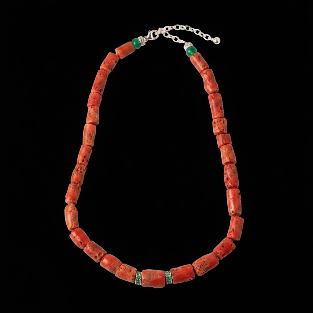 Coral and Emerald Necklace with 14k Gold