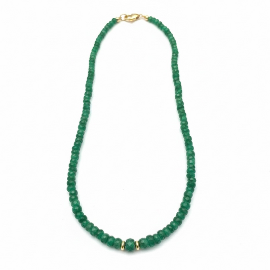 Emerald and 14k Gold Rondelle Beaded Necklace, 16”