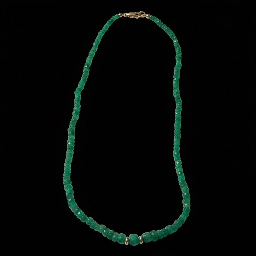 Emerald and 14k Gold Rondelle Beaded Necklace, 16”