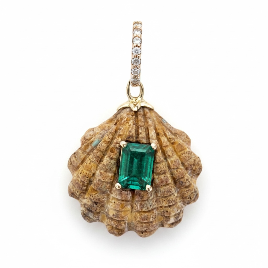Australian Boulder Opal Shell Pendant with Emerald and Diamond Bail