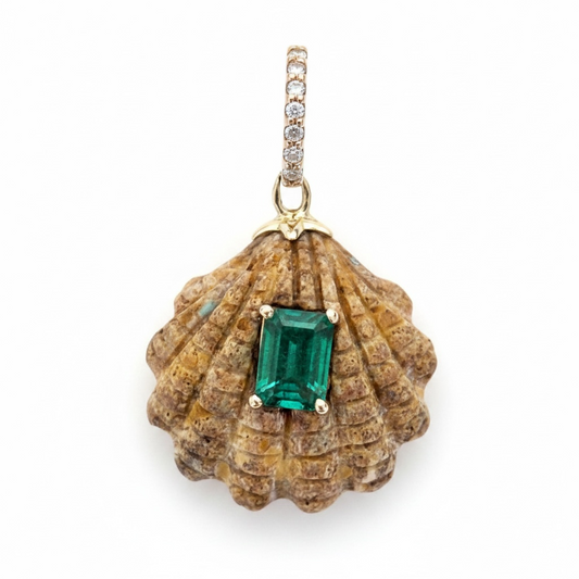 Australian Boulder Opal Shell Pendant with Emerald and Diamond Bail